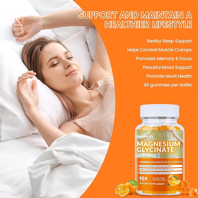 Magnesium Glycinate Gummies 1000mg, Sugar Free Magnesium Potassium Supplements Chewable for Adults with L-Threonate for Sleep, Body Support and Relaxation,90 Orange Gummies