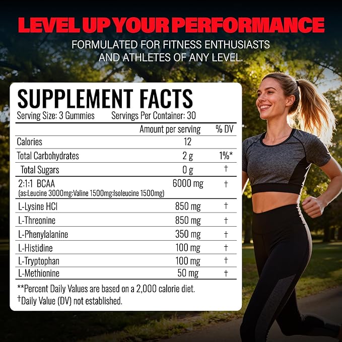 EAA Gummies - 2:1:1 BCAA Formula (8300mg) - Essential Amino Acids for Muscle Recovery & Endurance - Non-GMO, Gluten Free, Sugar Free, Vegetarian, Strawberry Flavor - 90 Count