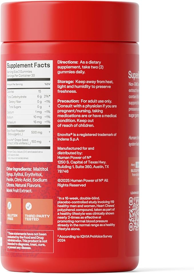 Humann SuperBeets Heart Gummies - Beet Gummy with Heart-Healthy Energy Support, Grape Seed Extract & Beetroot Powder, Zero Sugar - Strawberry Flavor, 120 Count