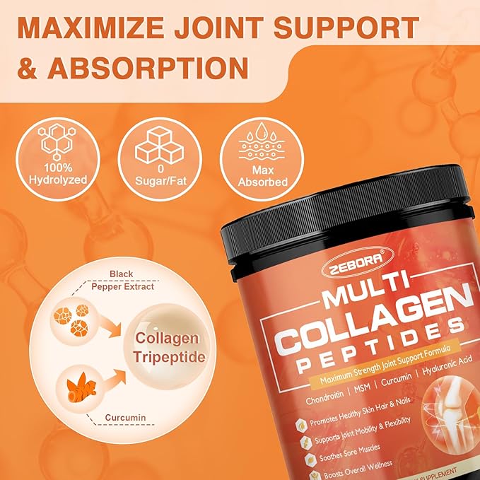 ZEBORA Multi-Collagen-Peptides-Powder with MSM & CS, Type I II III V X Hydrolyzed Collagen Peptides with Hyaluronic Acid & Vitamin C for Women and Men Hair, Skin, Nails & Joint, Non-GMO, 35 Servings