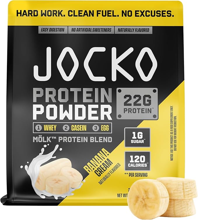 Jocko Fuel Whey Protein Powder, Banana Cream, 22g Protein, Digestive Enzymes + Probiotic Blend, No Sugar Added, with Essential Amino Acids + Electrolyte Minerals, 28 Servings