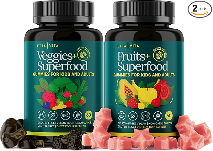 (120 Chews) Fruits and Veggies Supplement - Super Greens Gummies (9 Superfruits & 30 Veggies) Mushrooms, Fruit and Vegetable Vitamins, Non-GMO, Pectin-Based, Gluten-Free, No Capsules