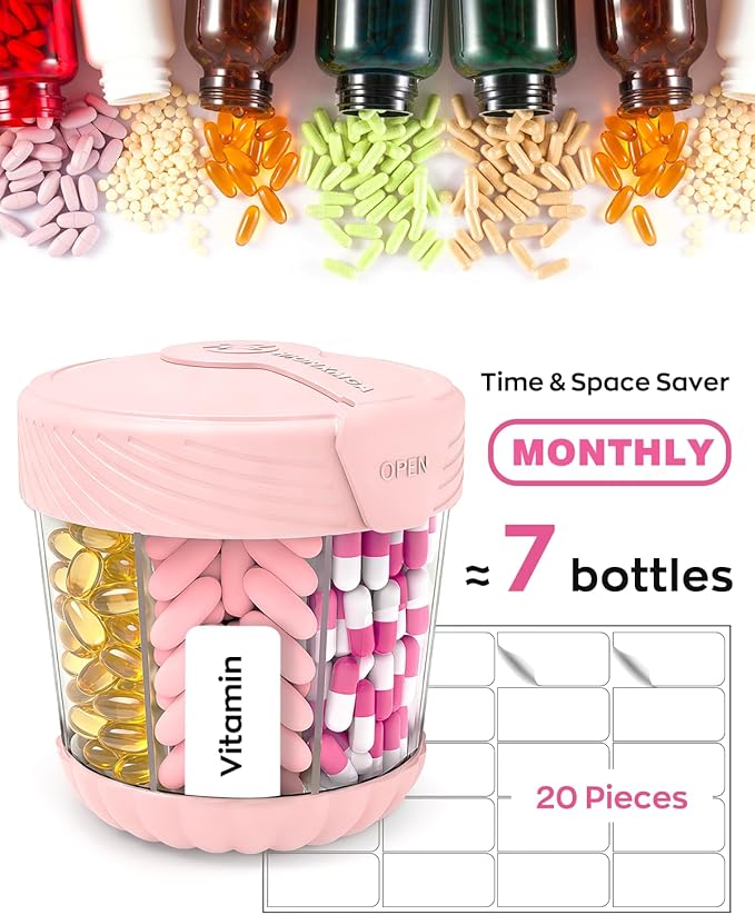 HIONXMGA Cute Pill Dispenser with 7 Large Compartments, Portable Pill Bottle Organizer with Wide Opening for Travel, Anti-Mixing Pill Container, Shatterproof BPA-Free, Includes 20 Pcs Labels, Pink