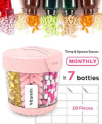 HIONXMGA Cute Pill Dispenser with 7 Large Compartments, Portable Pill Bottle Organizer with Wide Opening for Travel, Anti-Mixing Pill Container, Shatterproof BPA-Free, Includes 20 Pcs Labels, Pink