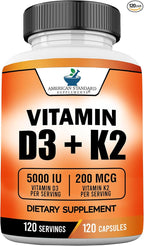 American Standard Supplements Vitamin D3 5000 IU (125mcg) Plus Vitamin K2 (MK7) 200mcg Per Capsule - Gluten Free, Non-GMO, 120 Capsules, 120 Servings, 120 Day Supply