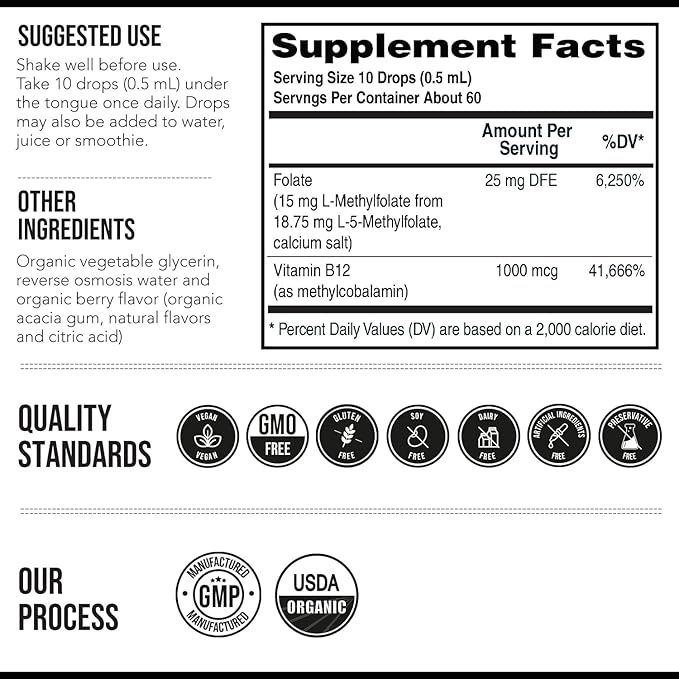 L Methyl Folate 15mg Plus Methyl B12 Cofactor – Organic Berry Flavor, High Potency Liquid Sublingual Active 5-MTHF Form - Supports Mood, Methylation, Cognition – Bioactive Forms Vitamin B9 & B12 (1oz)