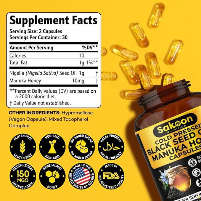 Black Seed Oil Capsules - With New Zealand Manuka Honey, Cold Pressed Turkish Nigella Sativa Oil, 2% Thymoquinone, Immune & Digestive Support, Made in USA, 60 Count, 1010mg per serving