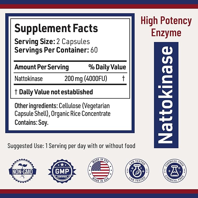 AgeImmune Nattokinase Supplement 4000 FU 200mg - Enzyme - Cardiovascular Support 120 Capsules -Derived from Japanese Natto - Made in The USA Without Magnesium Stearate.