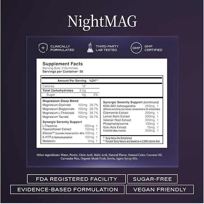 NightMAG Magnesium Glycinate Gummies for Sleep and Recovery; Sugar-Free, Vegan-Friendly and Naturally Flavored; Sleep Gummies for Adults; Magnesium Complex 400mg; 60 Count; 1-Pack (Cherry)