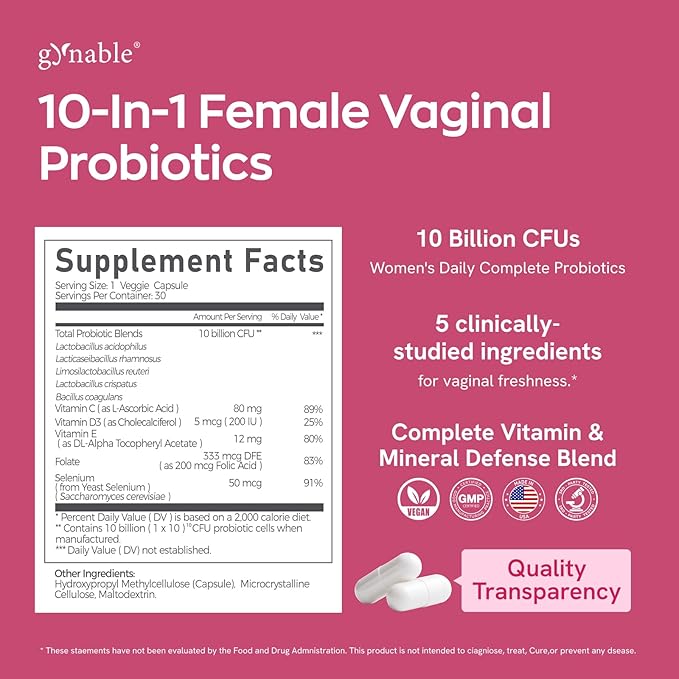 Gynable Vaginal Probiotics for Women Odor & Itch Support, Urinary | pH Balance, Female Probiotics 10 Billion CFU Lactobacillus Probiotics Blend,Selenium-Vitamin C/E/D3 Promote Immune Health, 30 Count
