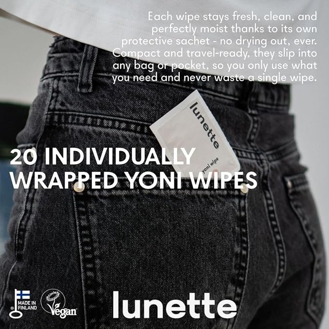 Lunette Yoni Wipes – Best Feminine Wipes for Intimate care - pH-balanced & Gentle - Vegan & Compostable - Travel-friendly for on-the-go & Public bathrooms, Made in Finland, 20 Pack