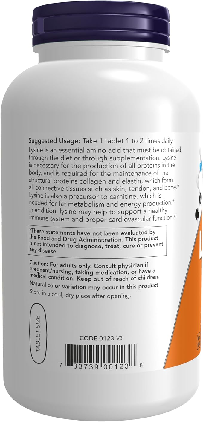 NOW Foods Supplements, L-Lysine (L-Lysine Hydrochloride) 1,000 mg, Double Strength, Amino Acid, 250 Tablets