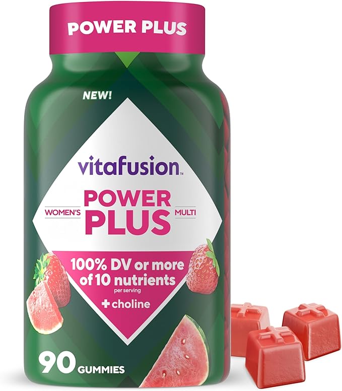 vitafusion Power Plus Women’s Multivitamin Gummies, 100% Daily Value or More of 10 Nutrients, Helps Support Nerve, Energy Metabolism, Bone & Immune Health, Strawberry & Watermelon Flavor, 90 Count