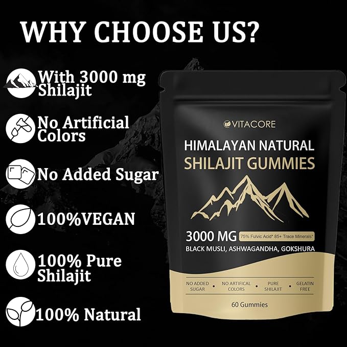 vitacoreHimalayan Shilajit Gummies for Men & Women - Pure Gold Energy Boost, 85+ Trace Minerals & Fulvic Acid, Gluten-Free, 60 Gummies