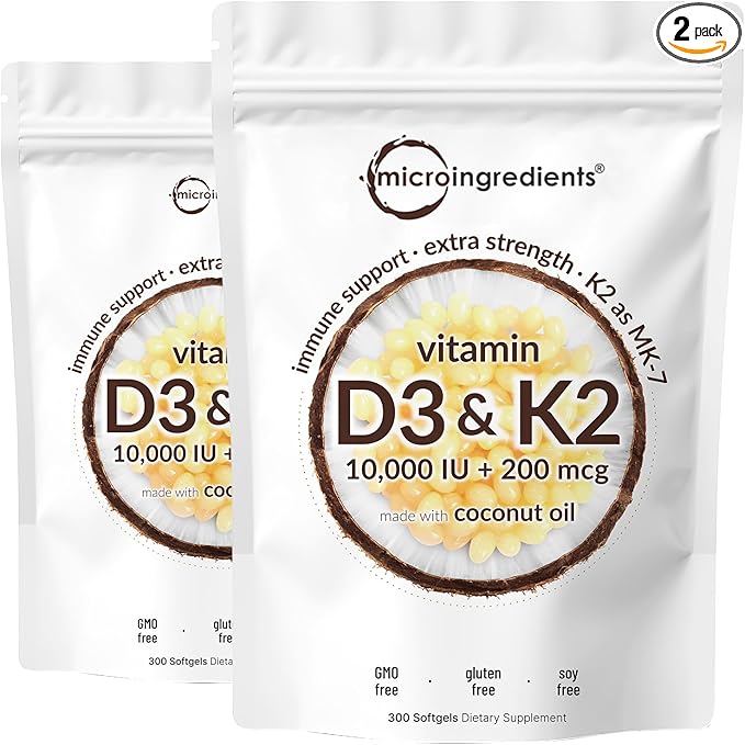 Micro Ingredients Vitamin D3 10,000 IU + K2 MK-7 200 mcg, 600 Softgels with Virgin Coconut Oil (2 Pack) | 2-in-1 Vitamins D & K Complex | Extra Strength, Easy to Swallow, Non-GMO, Gluten Free