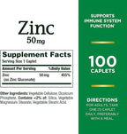Nature’s Bounty Zinc 50mg,Immune System, Skin, & Antioxidant Health Support, Contributes to DNA Formation, Vegetarian, Non-GMO, Gluten Free, 100 Caplets, 1 Serving Per Day for Daily Health (Pack of 2)