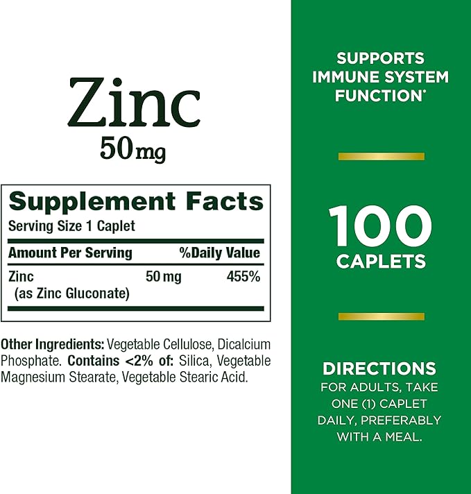Nature’s Bounty Zinc 50mg Immune System, Skin, & Antioxidant Health Support Contributes to DNA Formation Vegetarian, Non-GMO, Gluten Free | 100 Caplets, 1 Serving Per Day for Daily Health (Pack of 3)
