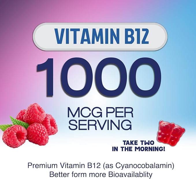 Energy Gummies - Vitamin B12 1000 mcg Per Serving - Daily Energy Gummy with Natural Caffeine from Green Tea, Berry Flavor B12 Chewable Exercise Supplement for Running Cycling & Sports - 120 Gummies