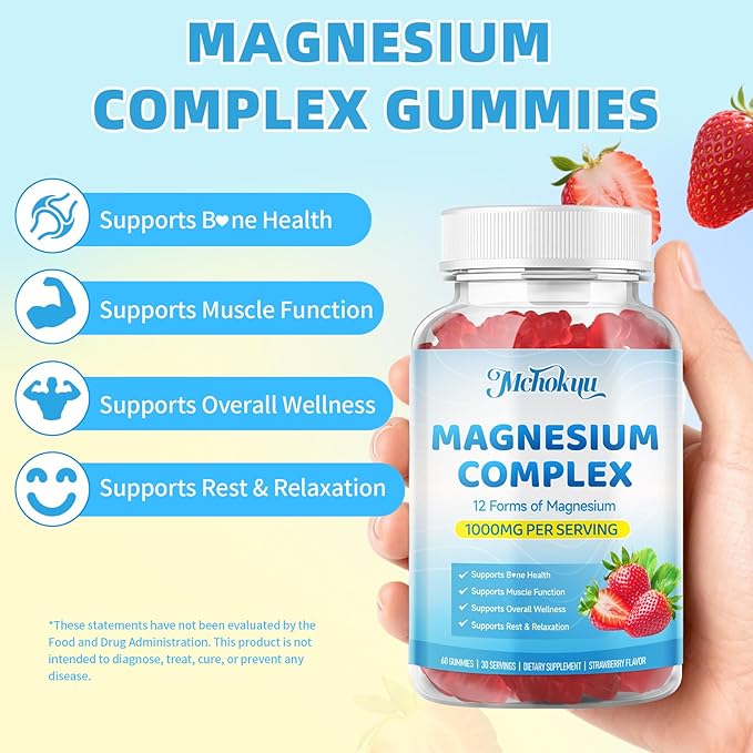 Magnesium Complex Gummies 1000mg | 12-in-1 Magnesium Complex Supplement with Glycinate, Citrate, Malate & Taurate Supports Muscle Function, Bone Health, Rest & Relaxation – Strawberry Flavor, 60 Count