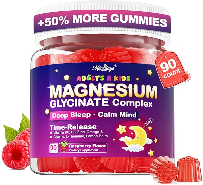 Magnesium Glycinate Gummies for Kids 4+ & Adults, 90 Counts No Melatonin Magnesium Gummies for Sleep & Calm, Sugar Free Vegan with Glycine, L-Theanine, B6, D3, Zinc & Omega 3 - Raspberry Flavor