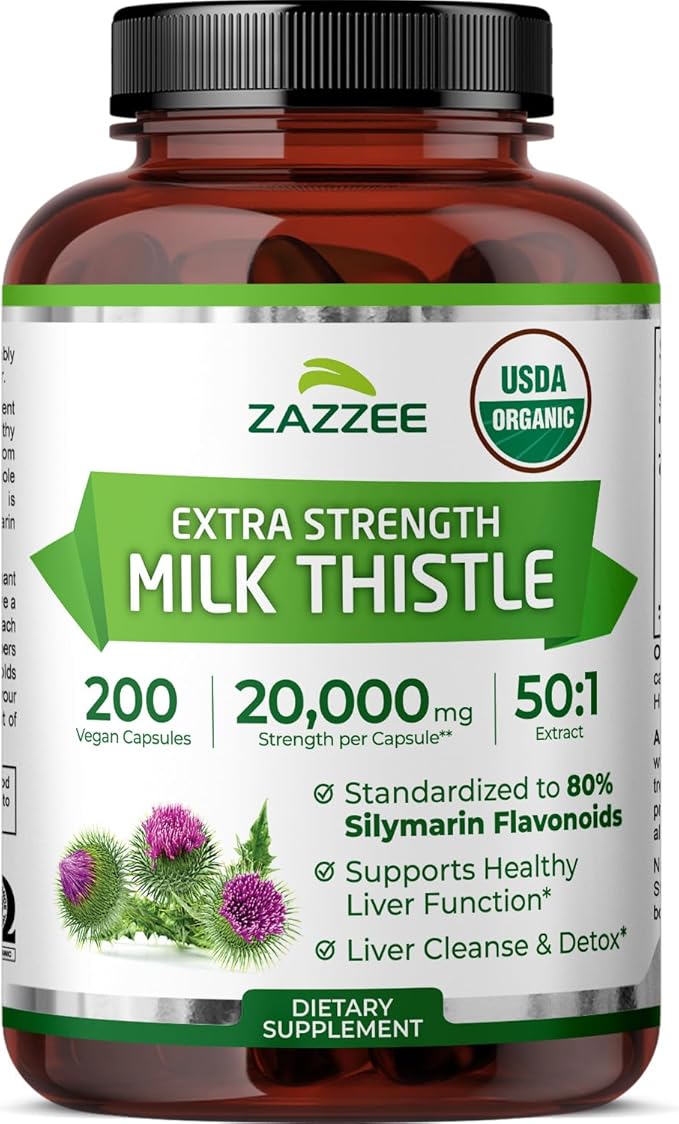 Zazzee USDA Organic Milk Thistle 50:1 Extract, 80% Silymarin Flavonoids, 200 Vegan Capsules, 6+ Month Supply, Silybum Marianum, Liver Support & Detox Support, Organic All-Natural, Non-GMO, Made in USA