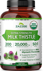 Zazzee USDA Organic Milk Thistle 50:1 Extract, 80% Silymarin Flavonoids, 200 Vegan Capsules, 6+ Month Supply, Silybum Marianum, Liver Support & Detox Support, Organic All-Natural, Non-GMO, Made in USA