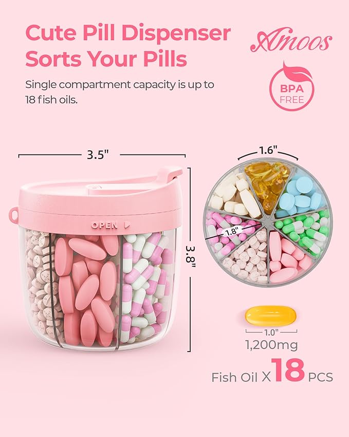 AMOOS Cute Pill Dispenser with 7 Compartments, Pill Bottle Organizer with Anti-Mix Design, Portable Pill Organizer for Travel with Wide Mouth for Easy Access, BPA-Free Patented Pill Container, Pink