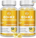 M inch Vitamin D3 K2 Gummies, Vitamin D3 10000IU, K2 (MK-7) 200mcg, 6-in-1 Vitamina D3 con K2 Supplement with Omega-3 for Women and Men - Bones, Teeth & Immune Support, Sugar Free, 2 Pack