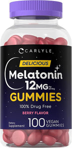 Carlyle Melatonin Gummies 12mg | 100 Count | Berry Flavor | Vegan Supplement | Non-GMO, Gluten Free