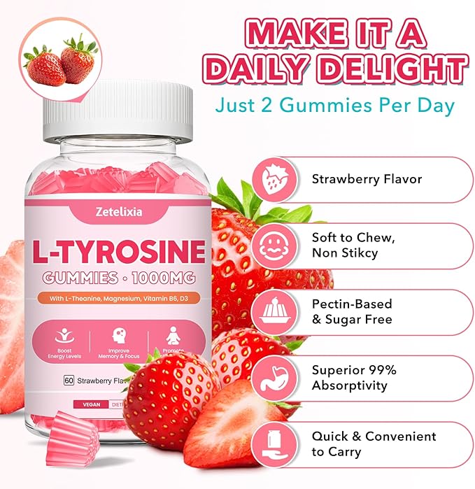 L Tyrosine Gummies, 2 Pack 10-in-1 L-Tyrosine Supplement, Tyrosine Gummies with L-Theanine B6 D3, Support Cognitive, Memory, Energy, Mood for Adult & Kids, Strawberry Flavor, 120 Ct