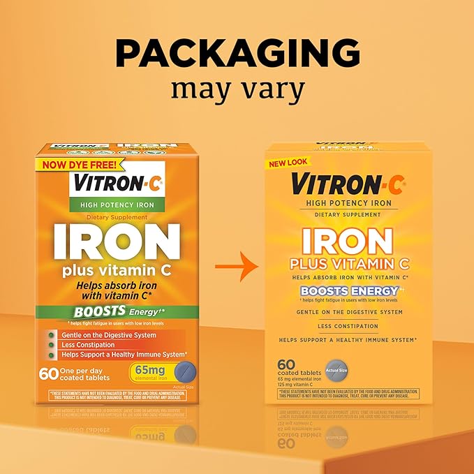 Vitron-C Iron Supplement, Once Daily, High Potency Iron Plus Vitamin C, Support Red Blood Cell Production, Dye Free Tablets, 60 Count (Pack of 4)