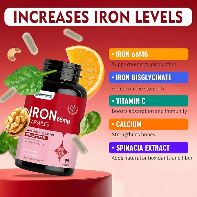 Iron Supplement - Iron 65mg High Absorption Iron Bisglycinate with Vitamin C, Calcium, Gentle Iron Pills for Women Men - Non GMO & Gluten Free, Stomach Friendly, 90 Capsules