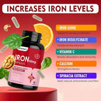 Iron Supplement - Iron 65mg High Absorption Iron Bisglycinate with Vitamin C, Calcium, Gentle Iron Pills for Women Men - Non GMO & Gluten Free, Stomach Friendly, 90 Capsules