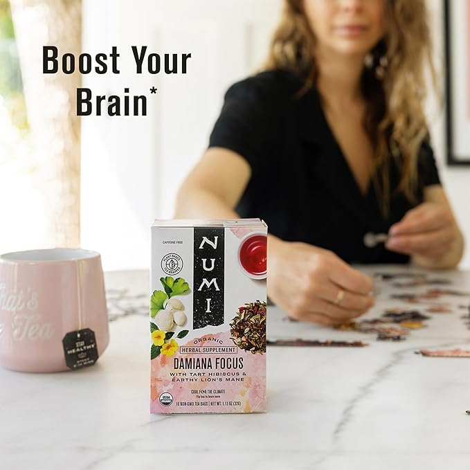 Numi Organic Damiana Focus Herbal Tea – 48 Herbal Tea Bags – Caffeine Free Blend with Damiana Ginkgo Lion’s Mane Hibiscus Mint & Licorice for Mental Clarity & Natural Energy