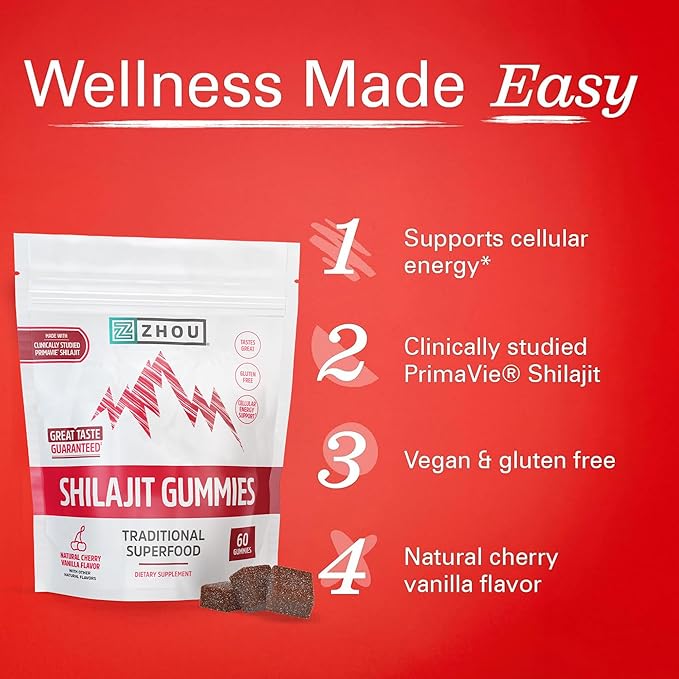 ZHOU Shilajit Gummies - Pure Himalayan Shilajit for Men and Women with Natural Resin Extract, 250 mg Per Serving, Clinically Studied, Gluten Free Formula - Cherry Vanilla Flavor, 60 Chews
