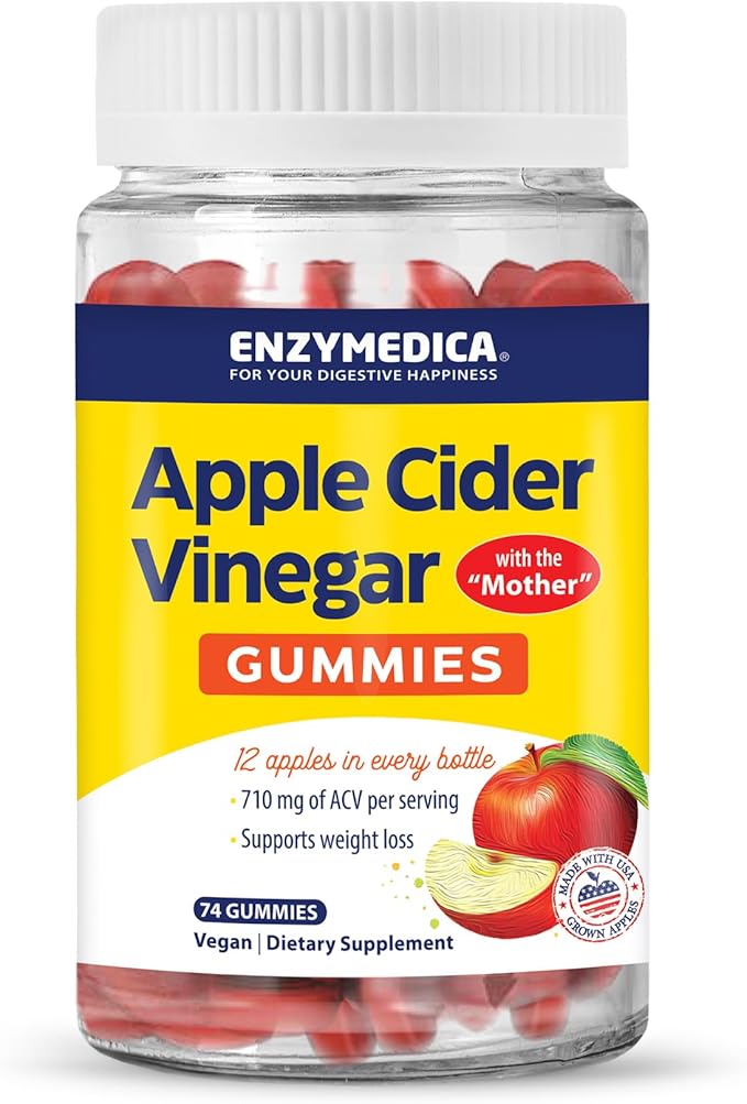 Enzymedica, Apple Cider Vinegar Gummies, Made with The Mother, 12 Organic, USA-Grown Apples per Bottle,1000 mcg Vitamin B12 per Serving, Natural Apple, 74 Count