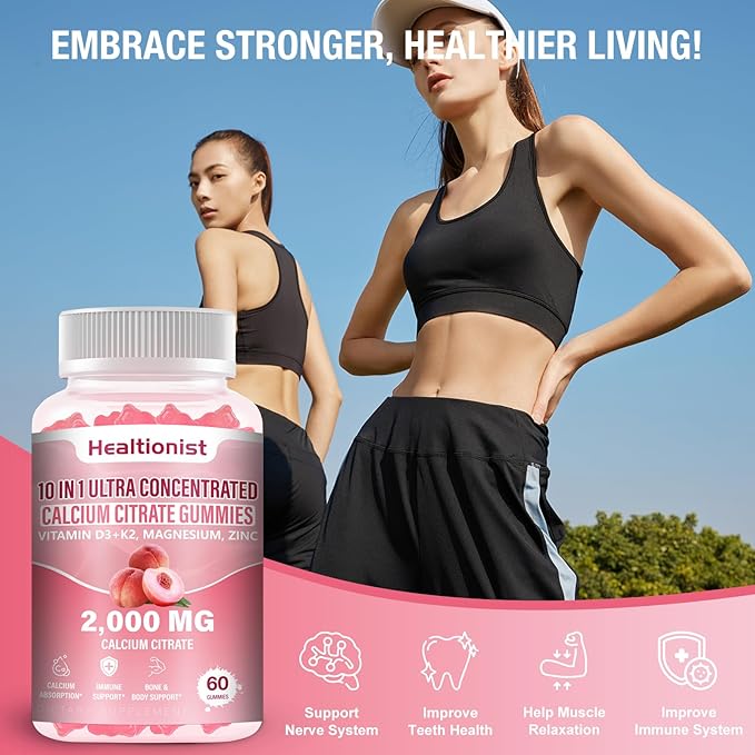 1 Packs 2000mg Calcium Citrate with Vitamin D3 K2 Supplements Gummies for Women & Men, Magnesium, Zinc, High Absorption, Bone, Muscle & Immune Support, 60 Counts Peach Flavor Gummies