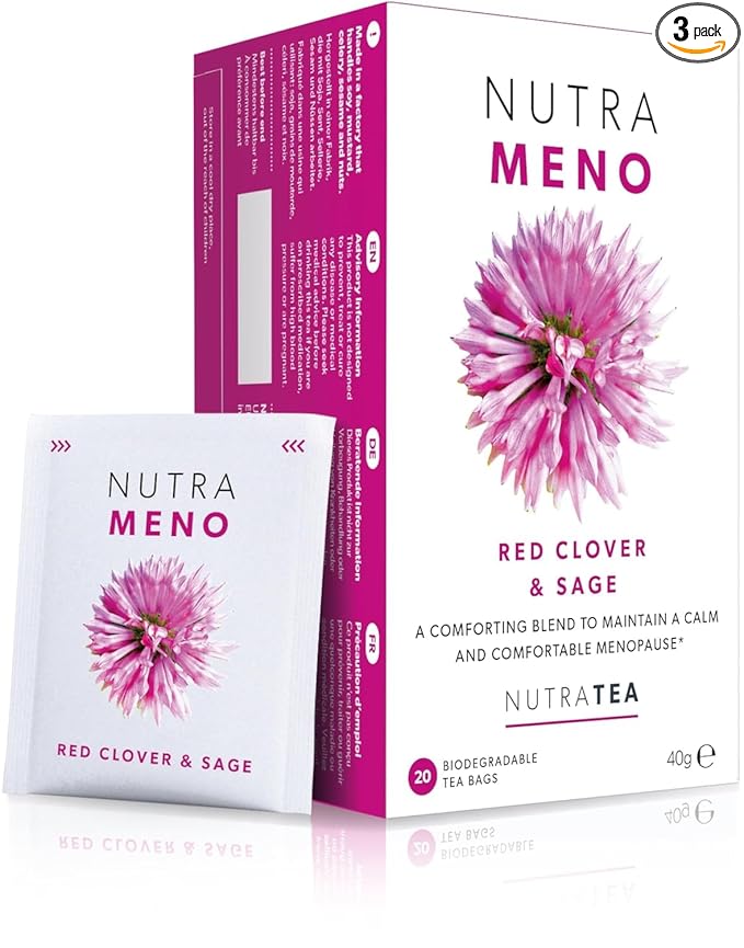 Nutra Tea NutraMeno - Menopause Tea, Red Clover Tea - Perimenopause & Menopause Relief For Women - Includes Red Clover, Sage & Rose - 60 Individually Wrapped Bags - Herbal Infusion (3 Pack)