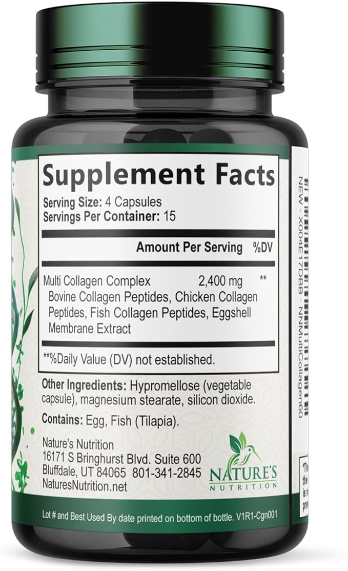 Multi Collagen 2400mg Per Serving - Advanced Formula Types I, II, III, V, X - Hydrolyzed Multi Collagen Pills - Collagen Peptides Supplement for Women & Men - Hair, Skin, & Nail Support - 60 Capsules