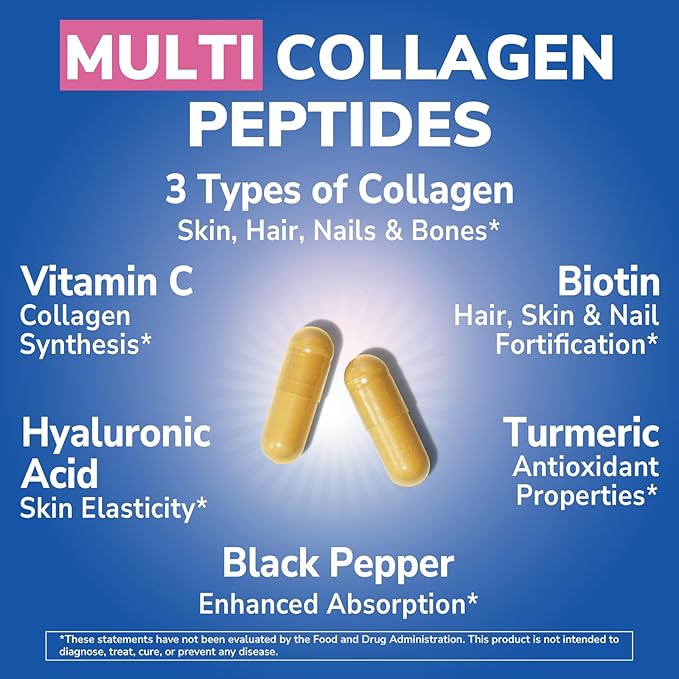 Vitalibre Multi Collagen Peptides, Hydrolyzed, Type I, II, III, Vitamin C, Biotin, Hyaluronic Acid, Turmeric & Black Pepper, Skin, Hair, Nail & Mobility Support, Non-GMO, 90 Caps