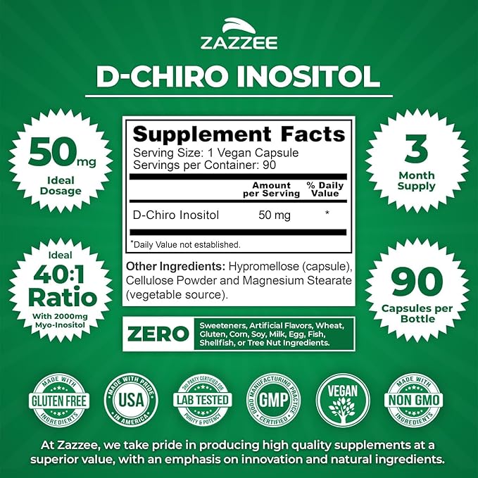 Zazzee 40:1 Ratio Myo and D-Chiro Inositol Supplement for Women | D-Chiro and Myo Inositol Capsules for Cycle Regulation Ovarian Support & Overall Hormone Balance for Women - Vegan & ISO Lab Tested