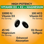 Vitalibre Vitamin D3 K2 + Magnesium Supplement, 10000 IU Vitamin D3 & 100 mcg K2, with Magnesium Glycinate, Bone, Teeth, Immune & Energy Support, High Absorption, Non-GMO, Easy to Swallow, 60 Softgels