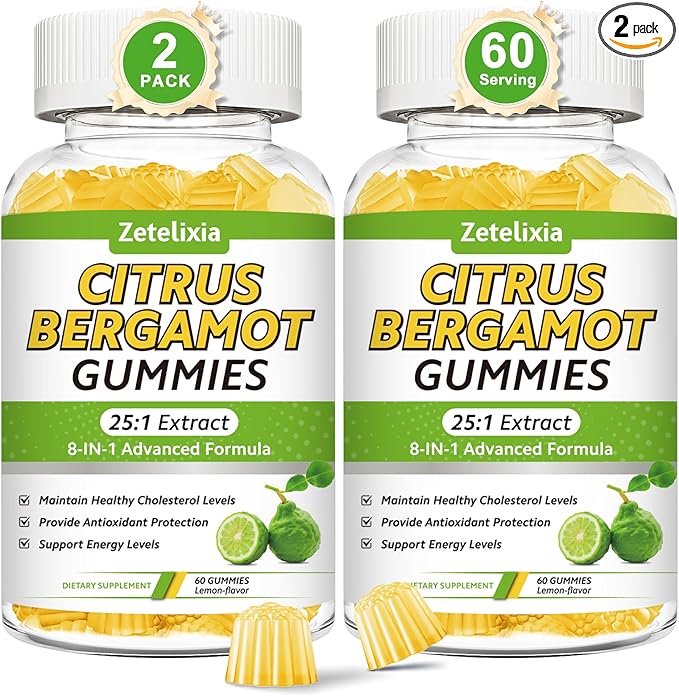 2 Pack Citrus Bergamot Gummies, Citrus Bergamot Supplement for High Cholesterol, Cholesterol Lowering Supplement for Heart, Immune System & Healthy Aging Support, Sugar Free, Lemon Flavor, 120 Cts