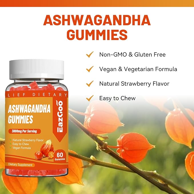 2 Pack Ashwagandha Gummies & Vitamin D3, 3000mg Extra Strength Ashwagandha Root Extract for Boosts Energy, Immune Support, Non-GMO, Strawberry Flavor, 120 Count