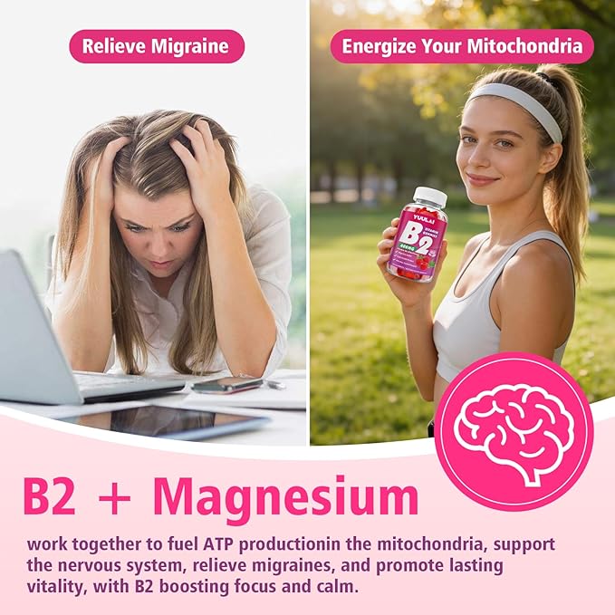 Pack of Vitamin B2 Gummies 400mg | Riboflavin Supplement with Magnesium for Kids & Adults, B2 Gummies for Migraine Relief, Nervous System & Skin Health, Vegan, Sugar-Free, Raspberry Flavor, 120 Count