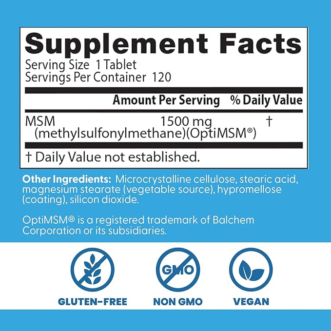 Doctor's Best MSM Supplement 1500mg for Men & Women - Supports Hair, Skin, Nails, Joint Health, & Mobility, Delivers Beneficial Sulfur with OptiMSM, Gluten Free, Non GMO, Vegan - 120 Tablets