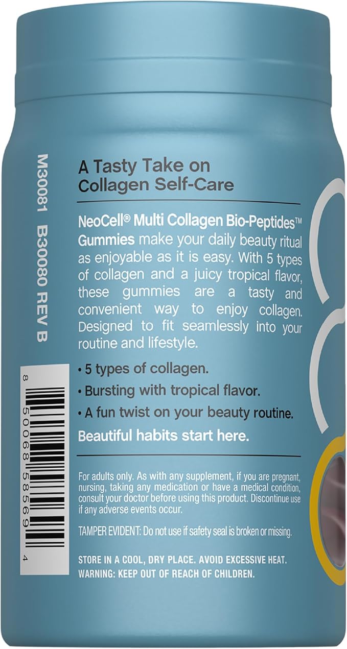 NeoCell Multi Collagen Bio-Peptides Gummies | 60 ct | Tropical Flavor | Type I, II, III, V, X | Advanced BioActive Formula