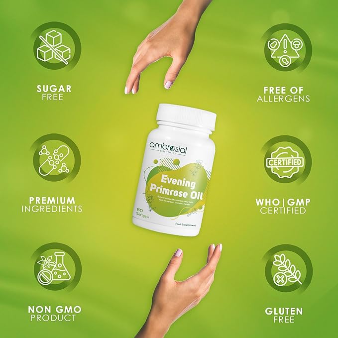 AMBROSIAL Evening Primrose Oil (EPO) 1000mg | 60 Capsules | Rich Source of Omega 6 & GLA | Non-GMO, Gluten Free | No Artificial Preservatives (Pack of 2-120 Capsules)