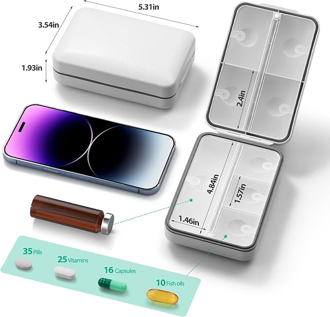 Weekly Pill Organizer, Extra Large Pill Box with Labels and Storage Bag, 8 GRIDS Medicine Pill Organizer, Moisture-Proof Airtight Travel Pill Case for Vitamin, Medicine, Supplement Organizer, White