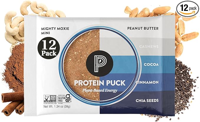 Protein Puck Vegan Plant based Protein Bar – Natural Healthy Snack Bars, 12 Count, 1.34oz Mini, Gluten Free, Dairy Free, No GMO, Kosher – Mighty Moxie – Cocoa, Cashew, Cinnamon, Sport Nutrition